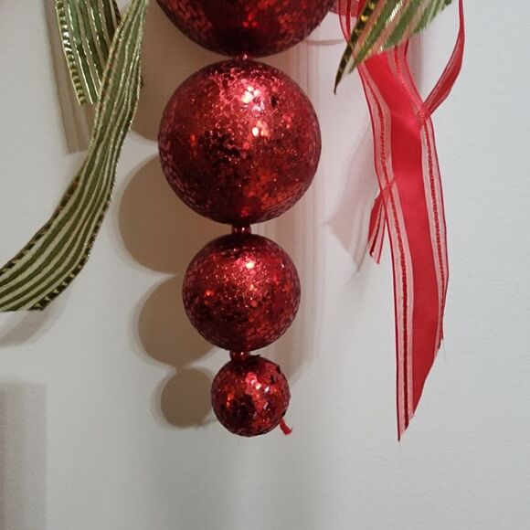 Hanging Christmas Decor for Door or Wall Red Styrofoam Balls with Shiny Ribbons - Picture 3 of 8